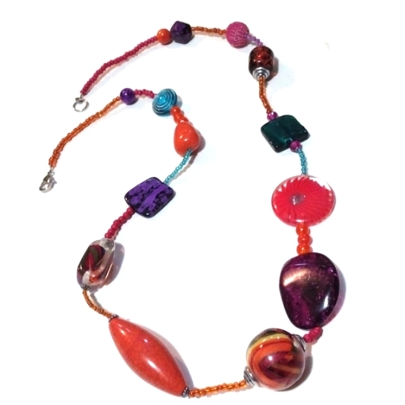 VINTAGE MULTICOLORED & MULTIBEADED LARGE STONES, BLOWN GLASS 36" NECKLACE - Picture 3 of 13